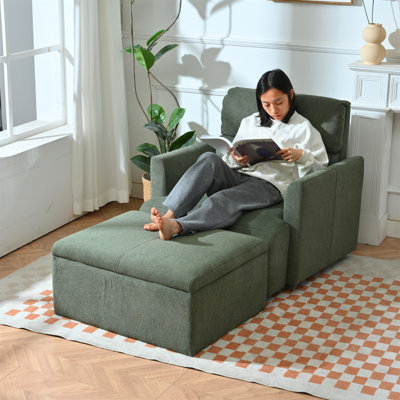 Chaise surdimensionnée avec repose-pieds avec rangement, fauteuil avec accents larges pour le salon, méridienne moderne, fauteuil de lecture rembourré de style Mid-Century, fauteuil de salon confortable, canapé à assise profonde (vert foncé)