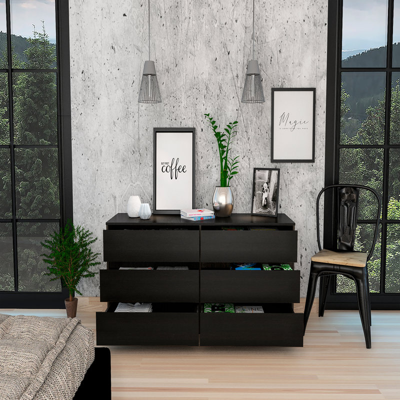 Commode double 6 tiroirs, plateau supérieur, Noir