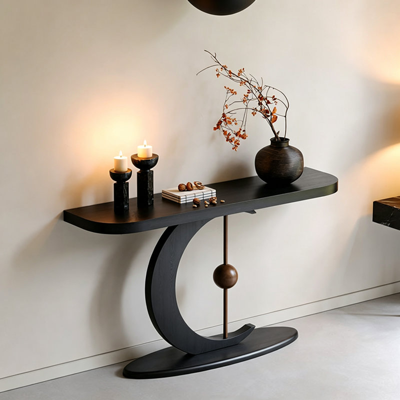 Console Mid-Century, H 29,5 po x l 70,9 po x P 13,8 po, Noir, Noir, Noir