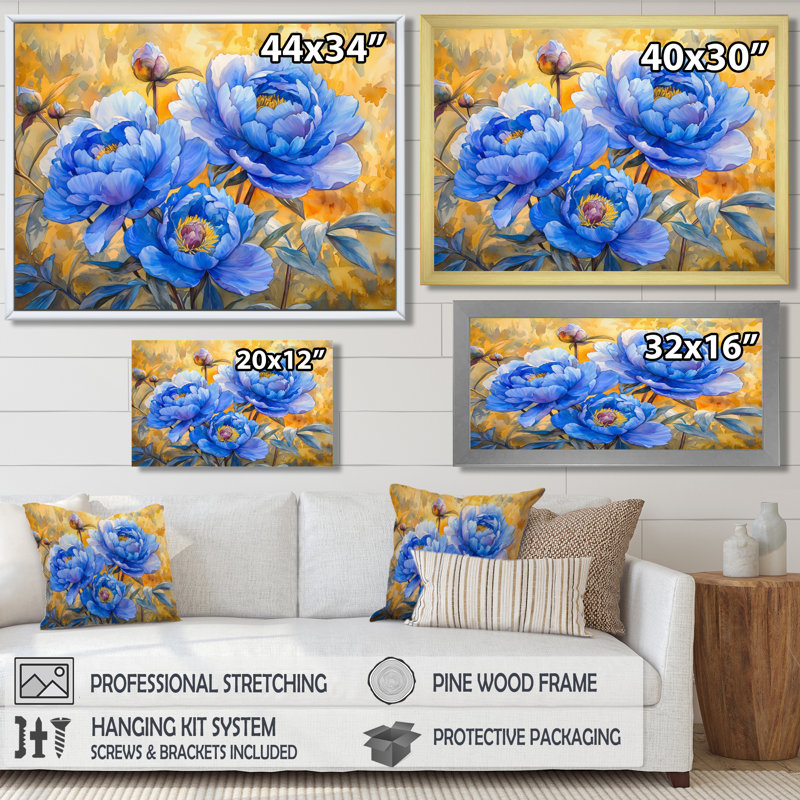 Pivoines bleues saphir dans le verger - pivoines, art mural, Cadre crème crème, H 24 po x l 32 po