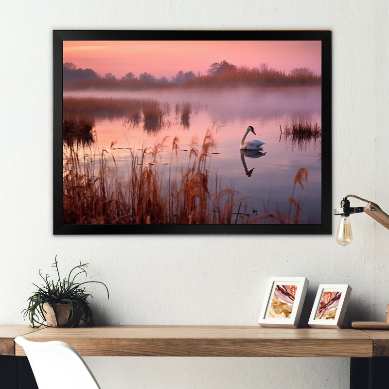 Bellamae, cygnes roses au coucher du soleil, reproduction sur toile, H 16 po x l 32 po x P 1 po, Cadre photo noir