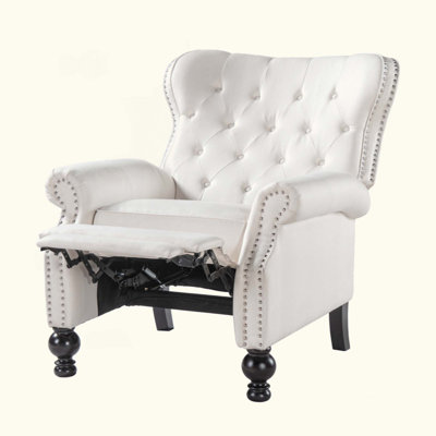 Fauteuil inclinable manuel moderne à dossier inclinable, revêtu de tissu, 3 positions, accoudoirs arrondis, garniture cloutée et pieds en bois d'hévéa brun foncé, idéal pour le salon, la chambre ou le home cinéma.