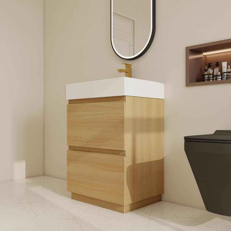 Ensemble de meuble-lavabo simple autoportant 24 po avec lavabo en résine, 24 po et 2 tiroirs, Chêne original