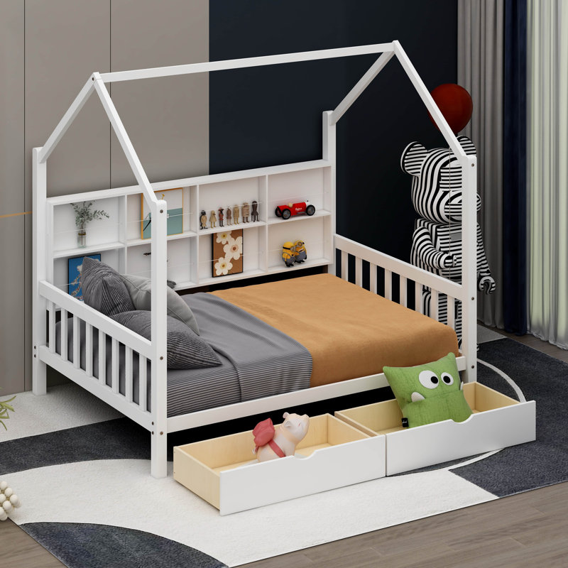 Antiope Kids Bed with Storage Shelf, White, Full 
