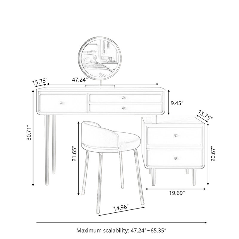 Coiffeuse avec miroir lumineux, 5 tiroirs, 1 chaise