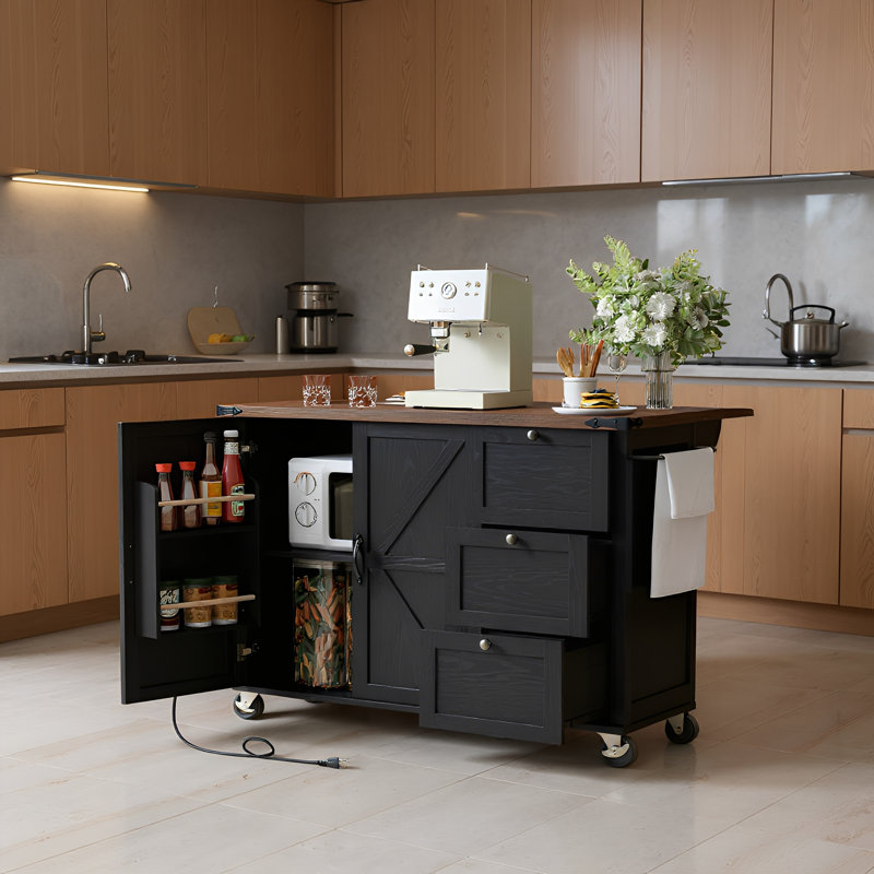 Îlot de cuisine de 54,5 po avec abattant, prise de courant intégrée, portes de grange coulissantes avec supports de rangement internes, support à épices, chariot de cuisine sur roulettes