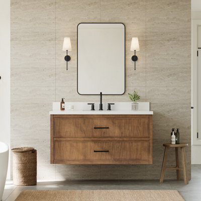 Meuble-lavabo mural simple Isola WM 48 po, fini noyer grillé, comptoir en quartz blanc, lavabo carré encastré (3 trous), garniture noire mate