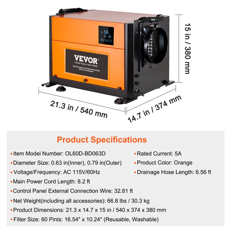 VEVOR Console Dehumidifier for Rooms up to 4000 Cubic Feet, 60 Pints