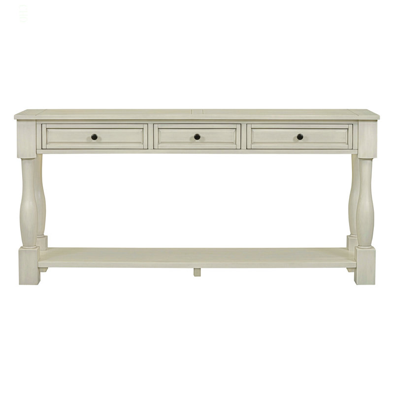 Console 63 po Aiyonna, table d'entrée, table de canapé avec 3 tiroirs fonctionnels et une tablette inférieure, Blanc antique