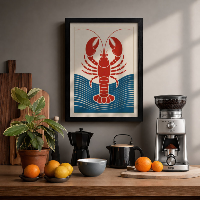 Lobster and Waves Retro - Framed Print, Black, A4 - 29.7 x 21.0 cm