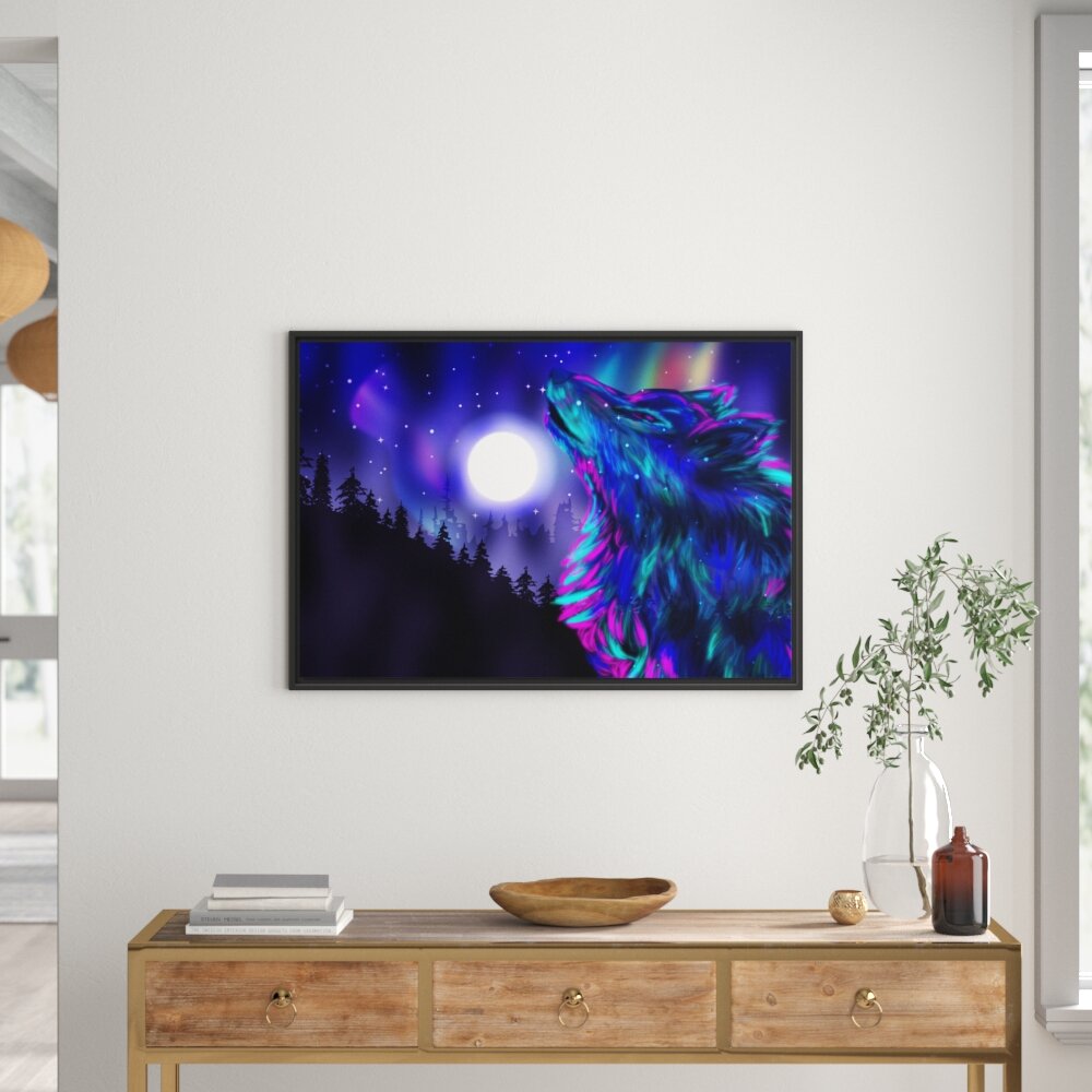 Gerahmtes Wandbild Abstrakter Wolf mit Mond