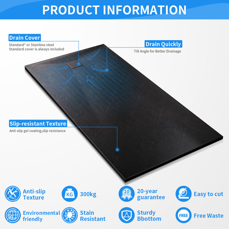 Slip-Resistance 32mm H Rectangular Black Shower Tray, 3.2cm H x 70cm W x 140cm D