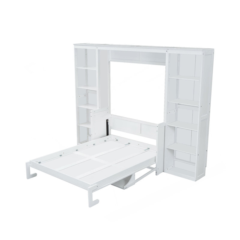 Lit escamotable double avec bureau et bibliothèque, blanc, Lit double