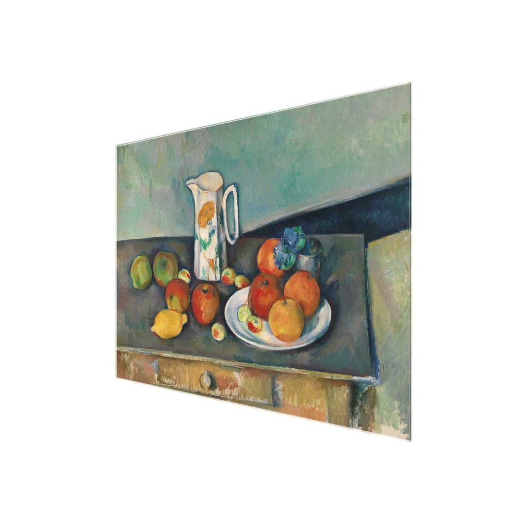 Glasbild Stillleben mit Milchkrug und Früchten auf einem Tisch von Paul Cezanne