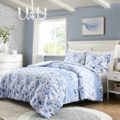 Housse de couette en microfibre à motif floral et rayé simple / simple TG, fermeture à boutons, lavable, attaches intérieures, literie à rayures TG