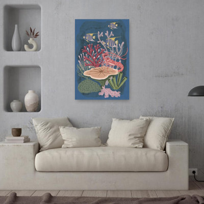 Angelfish And Lobster Reef Colorful Vibrant Fish Lobster Nature Ocean Wall Art Print 1 Piece Wrapped Canvas Wall Art