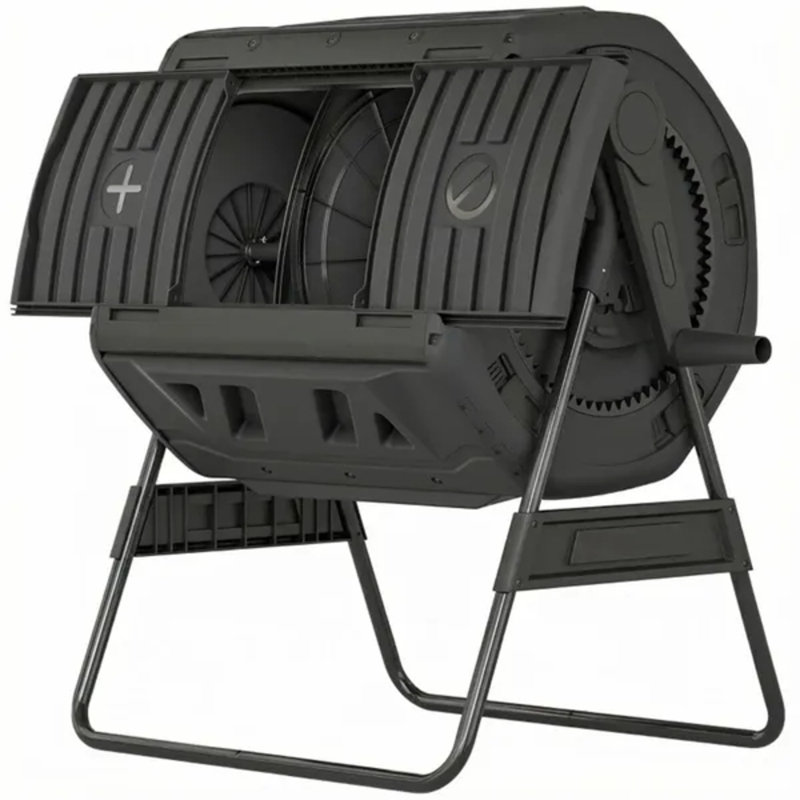 Black Dual‑Chamber Rotating Outdoor Compost Bin, 360° Tumbling Composter with Adjustable Vents & Metal Base