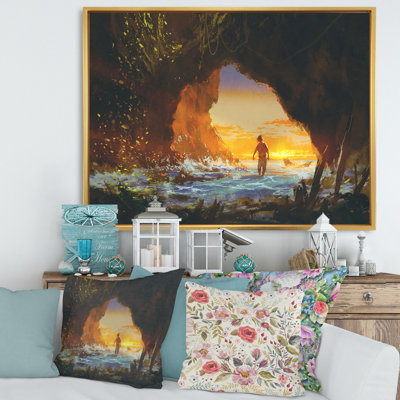 «The Man Walking in the Sea Cave at Sunset», peinture sur toile