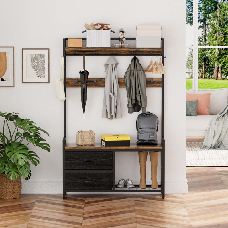 Multi-Functional Hall Tree With 2 Movable Drawers, Shoe Storage, Shelves, And Garment Racks, Perfect For Organized Entryways