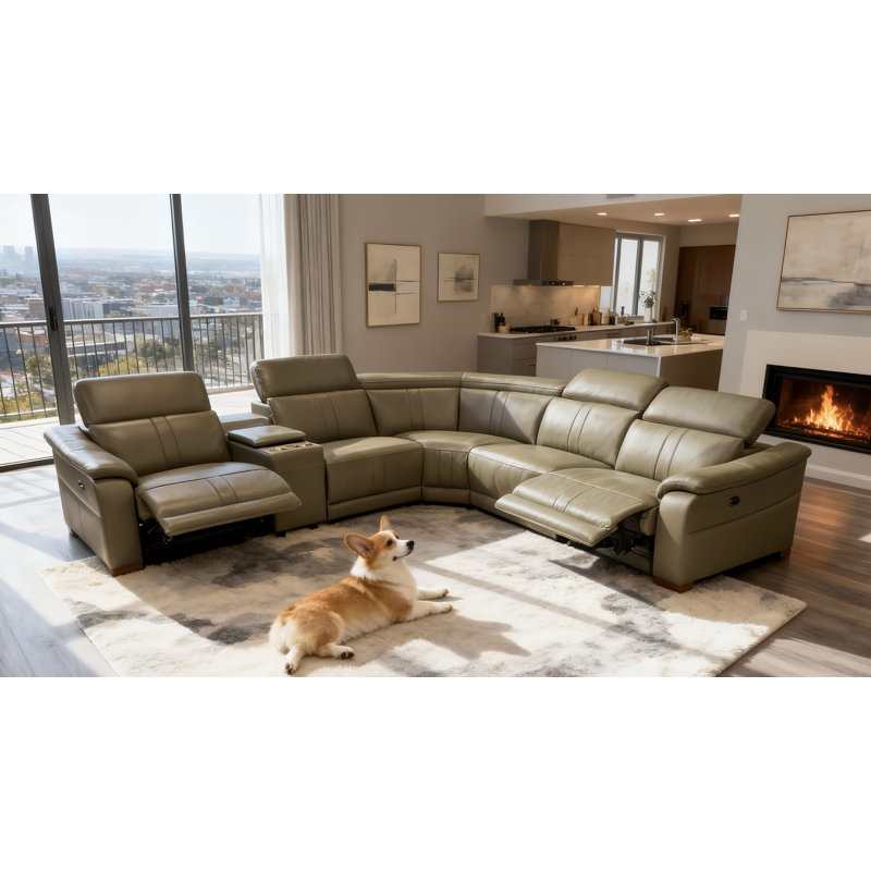 Ayshea 119.5" Wide Leather Match Reversible Reclining Corner Sectional, 31.5'' H X 119.5'' W X 106'' D, Olive Leather Match