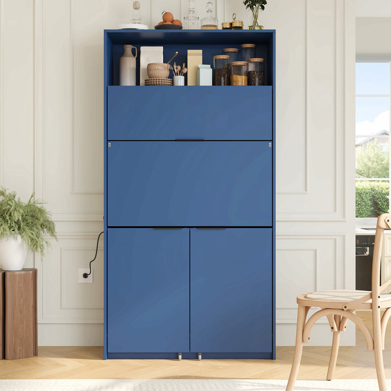 Garde-manger compact, buffet de 69 po de hauteur avec huche et poste de travail pliable, armoire de rangement multifonctionnelle avec tablette réglable et prise de courant pour la salle à manger et le salon
