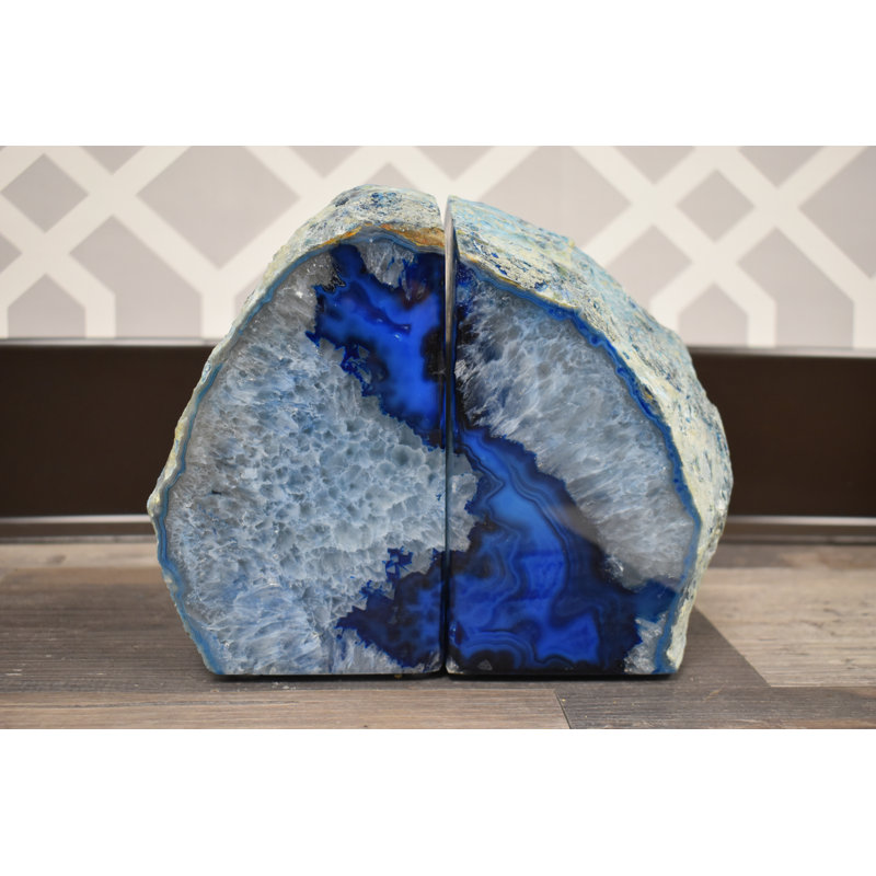 Evelynn Non-skid Blue Agate Bookends, 4" H x 5.5" W x 2" D
