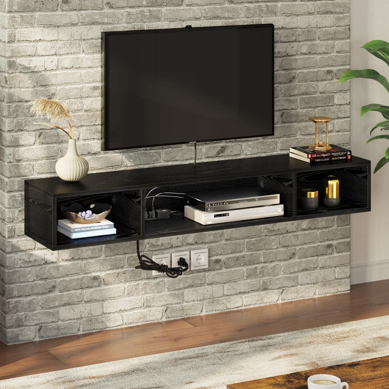 TV Stand with Power Outlet, Floating TV Stand with RGB Lights, Wall Mounted TV Shelf, Black Media Console with Storage Shelf