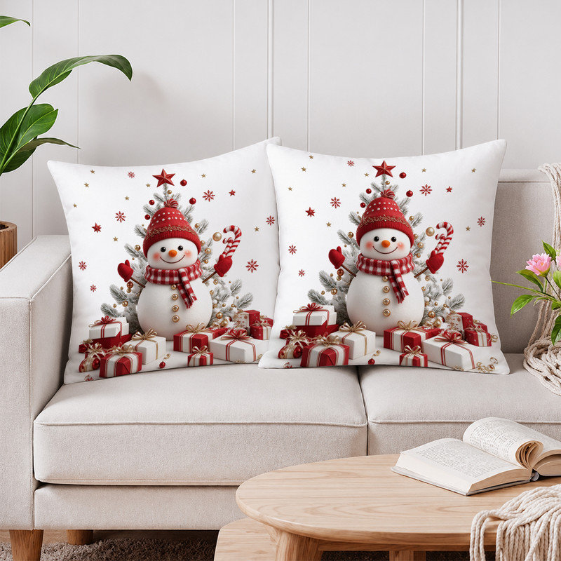 Housses de coussin décoratives en microfibre douce JYK, imprimées recto verso, avec fermeture éclair invisible, idéales pour la décoration intérieure et les cadeaux. 50 x 50 cm, motif bonhomme de neige blanc et rouge.