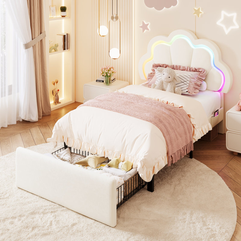 Lit plateforme pour enfant en velours avec tête de lit réglable à DEL RVB en forme de pétale et tiroir de rangement pour chambre d'enfant