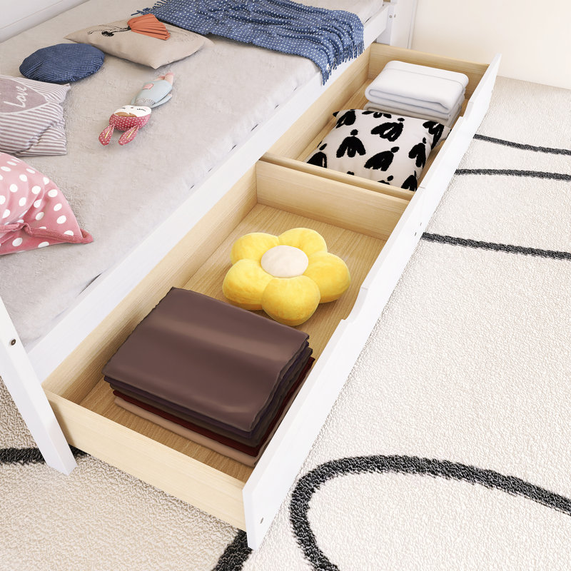 Lit de jour en bois avec tablettes de rangement, lit multifonctionnel avec deux tiroirs de rangement et bureau d'étude, Blanc