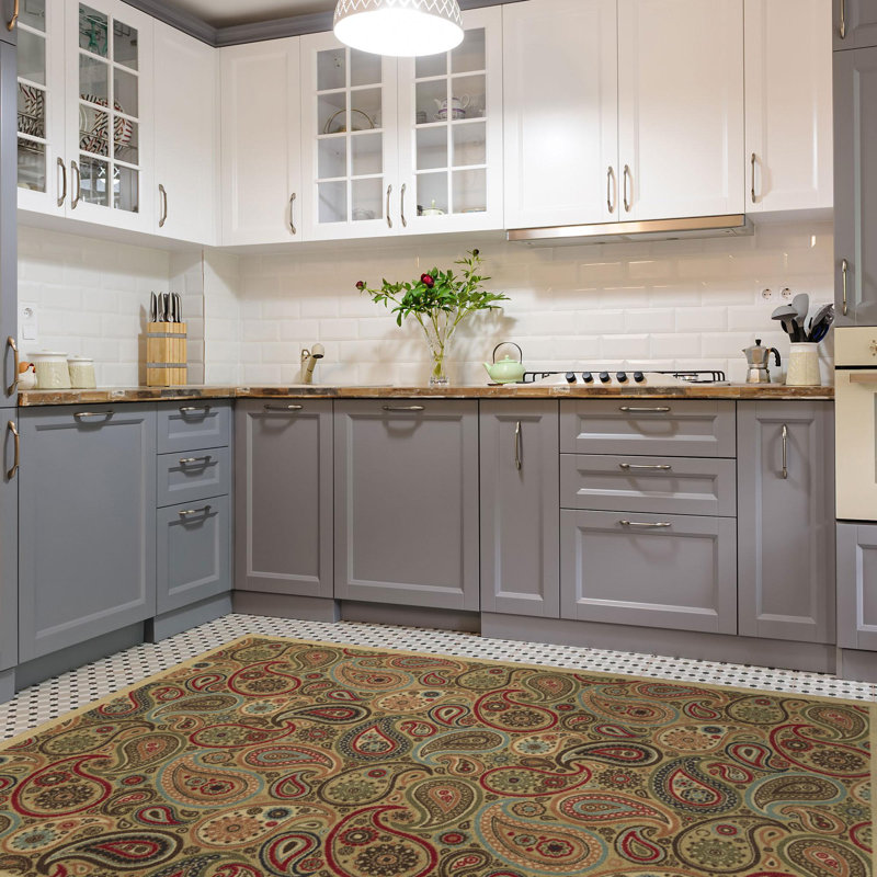 Paisley Design Beige and Red Non-Slip Washable Area Rug
