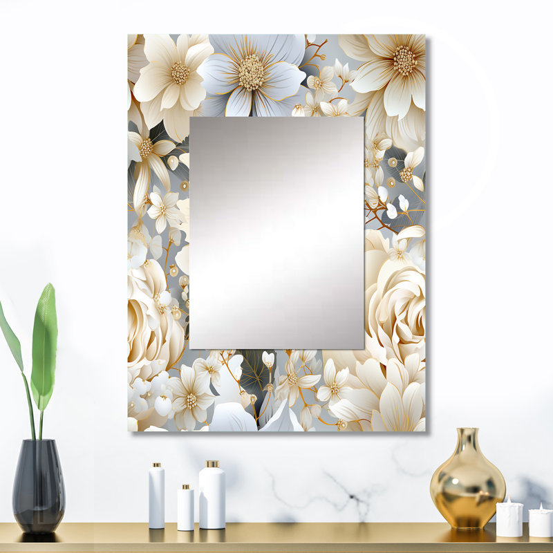 Motif de mandalas blanc Amnen - miroir décoratif floral, miroir mural floral, art imprimé en métal, 32 po x 24 po
