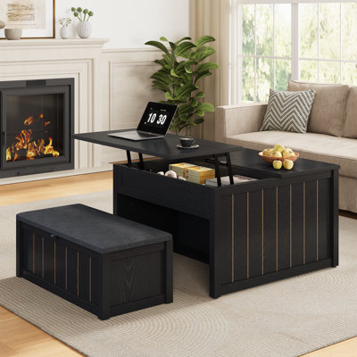 Square Farmhouse Lift Top Coffee Table with Upholstered Storage Bench, Multi-functional Center Table For Living Room