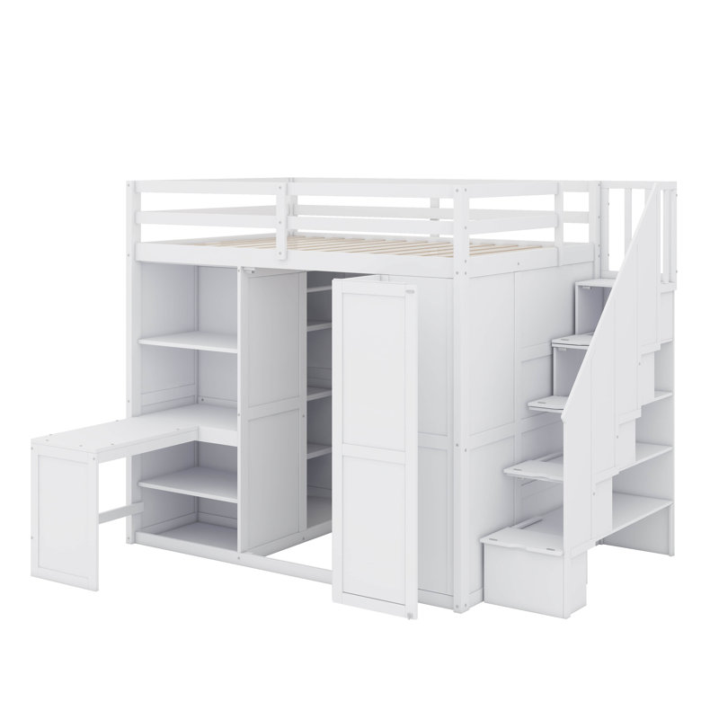 Full-Size Bed Incorporating A Built-In Wardrobe, Desk, And Shelving System, White