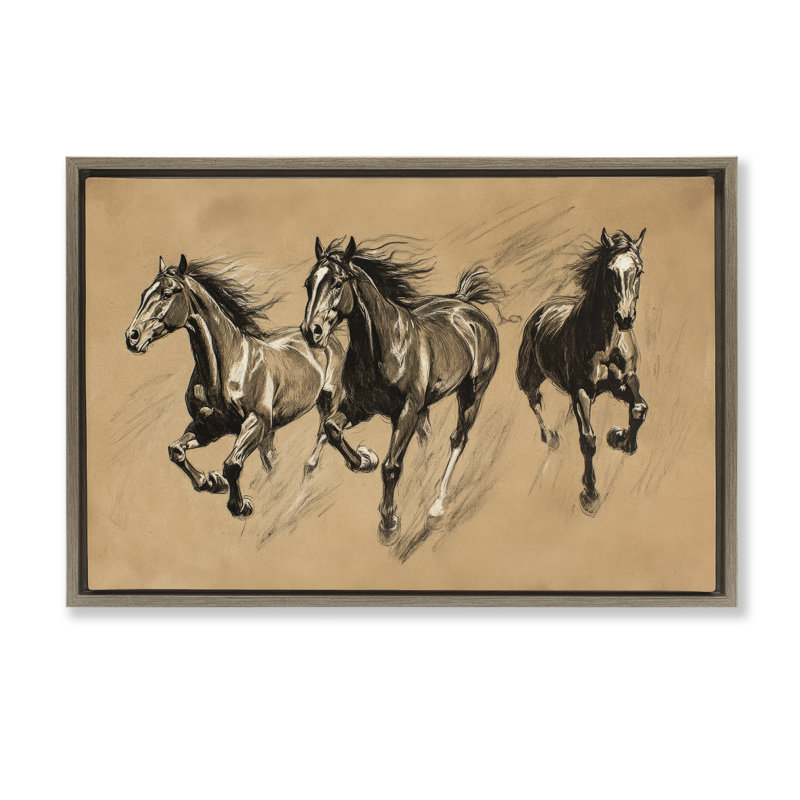 Cadre flottant avec un cheval qui court, créé par Petal Prints Design, H 17 po x l 25 po, Cadre flottant orme Montalcino