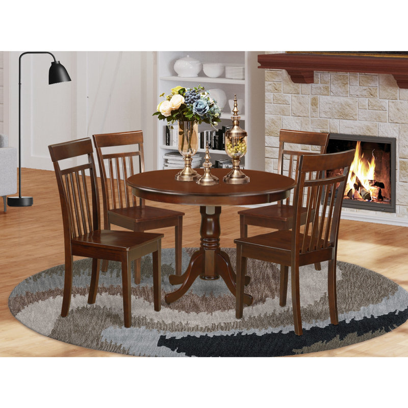 5 Piece Dining Room Table Set Includes a Round Dining Table with Pedestal and 4 Wood Seat Chairs, Mahogany, Mahogany