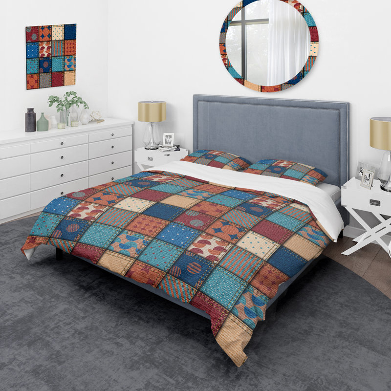 Multicolore denim patchwork - ensemble de housse de couette abstrait - microfibre de polyester