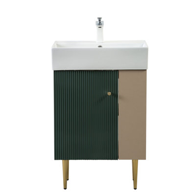 Base de meuble-lavabo de 21,6 po avec tablette ouverte à droite, grand espace de rangement, lavabo en bois massif et en céramique pour la longévité, fonction silencieuse à fermeture en douceur, espace de rangement facile à assembler, construction, lavabo, portes,