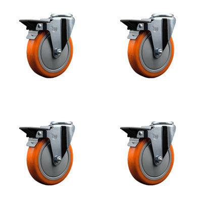 5 Inch Orange Poly Wheel Swivel Bolt Hole Caster Set with Posi Lock Brakes SCC