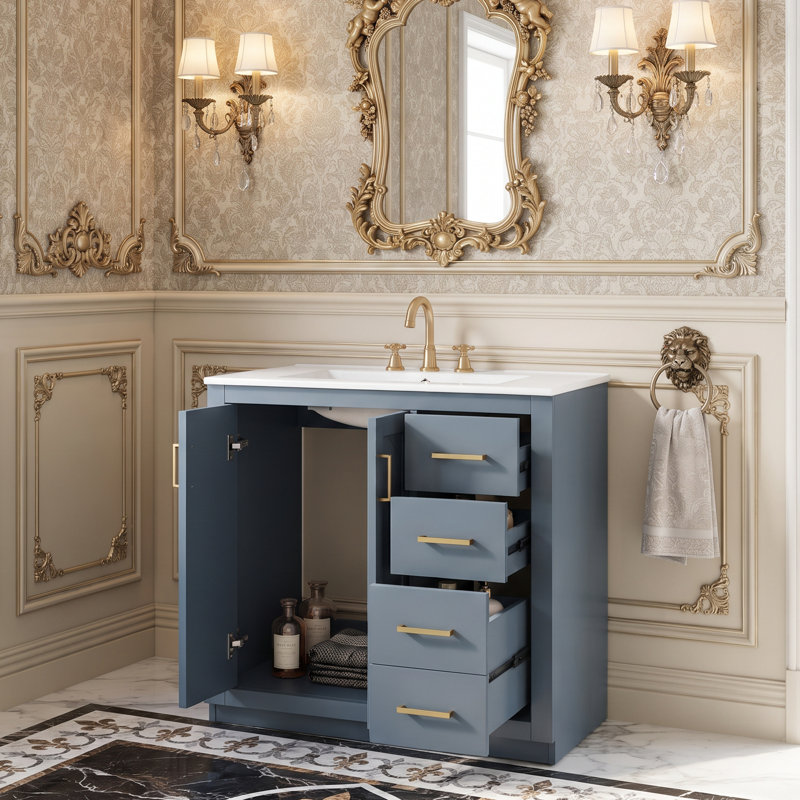 36'' Freestanding Single Sink Bathroom Vanity with Ceramic Top, Blue