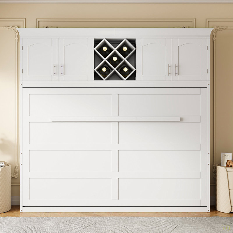 Grand lit escamotable mural avec armoires supérieures et porte-bouteilles, White