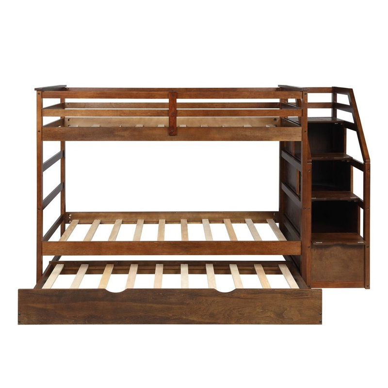 Andrzejewski Kids Twin Over Twin Bunk Bed with Trundle with Drawers, Walnut