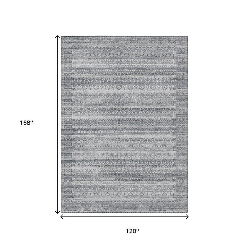 10' X 14' Gray And Silver Striped Washable Indoor Outdoor Area Rug