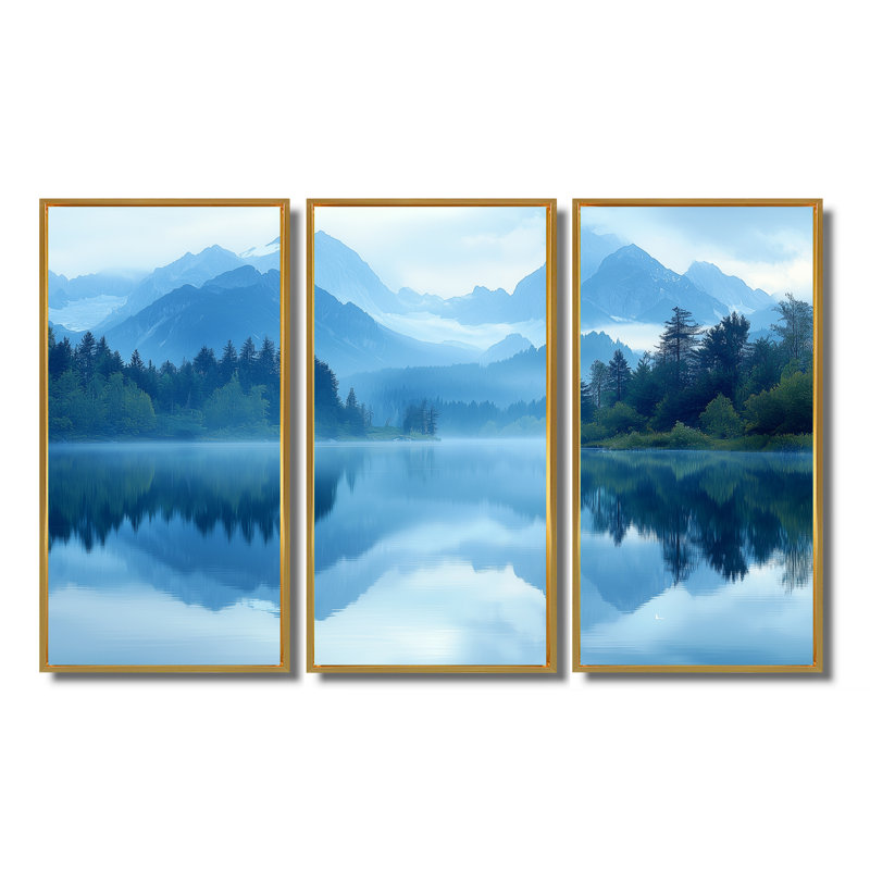 «Mountain Lake Silent Reflections III», art mural montagnes - ensemble de 3, H 40 po x l 60 po, Doré