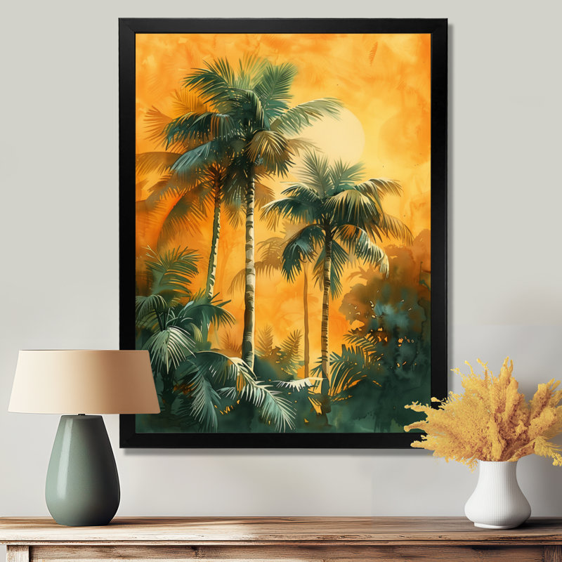 «Green Orange Palm Trees Swaying II - Palms & Palm Trees», reproduction d'art mural, Cadre simple noir, H 12 po x l 20 po