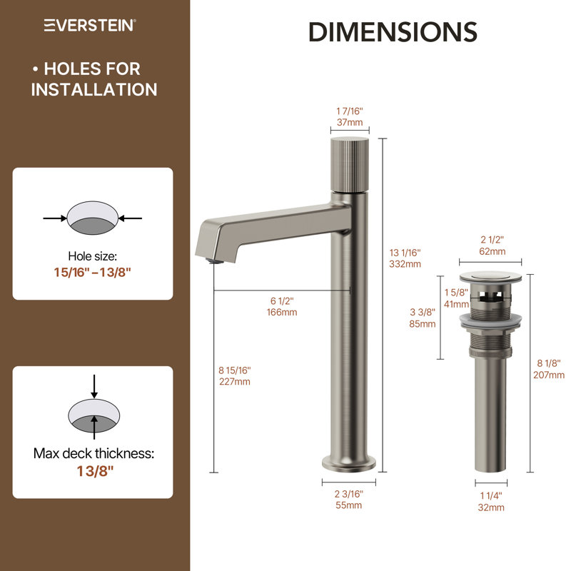 Single Hole Vessel Bathroom Faucet, Single Handle Vessel Bathroom Sink Faucet with Drain Assembly, Brushed Nickel
