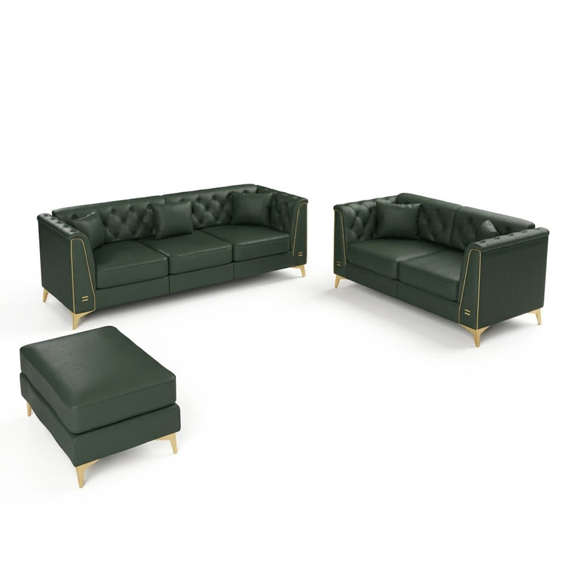 Canapé Chesterfield modulaire en similicuir vert avec pieds en métal et 5 coussins, Green- 3 + 2 Seat + 1 ottoman