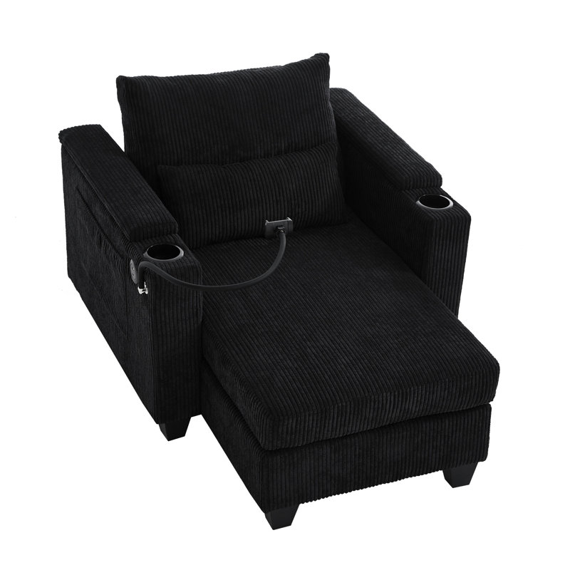 37,4 po convertible en velours côtelé noir avec compartiment multifonctionnel, support pour téléphone et rangement de chaise longue, poches