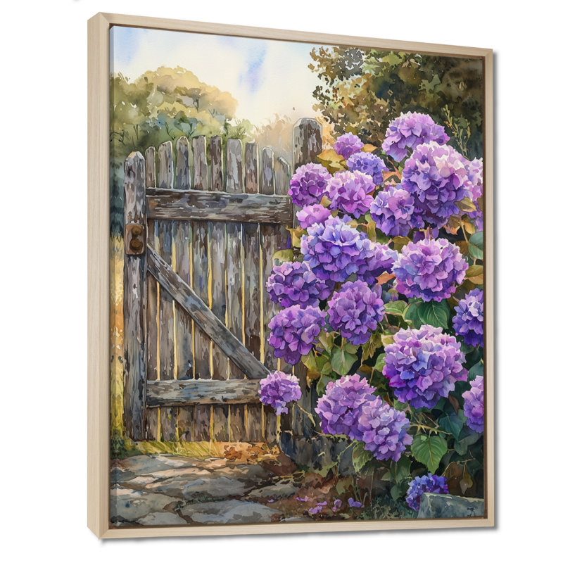 «Alayna Summer Hydrangeas By The Farm Fence I», reproduction sur toile, H 44 po x l 34 po, Reproduction avec cadre flottant