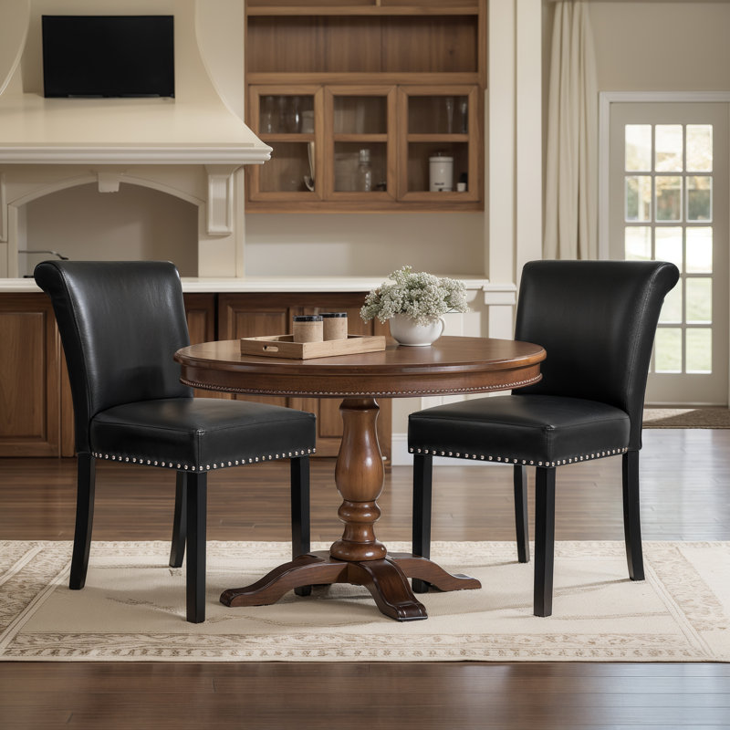 Momordique Nailed Trim Faux Leather Waterproof Upholstered Parsons Dining Chairs, Black/Black, 2